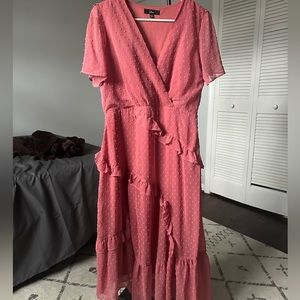 Mauve Ruffled Faux Wrap Midi Dress